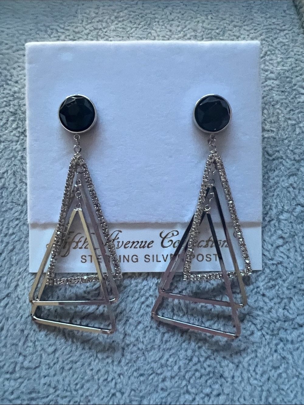 Silver Geometric Drop Earrings with Black Stone
